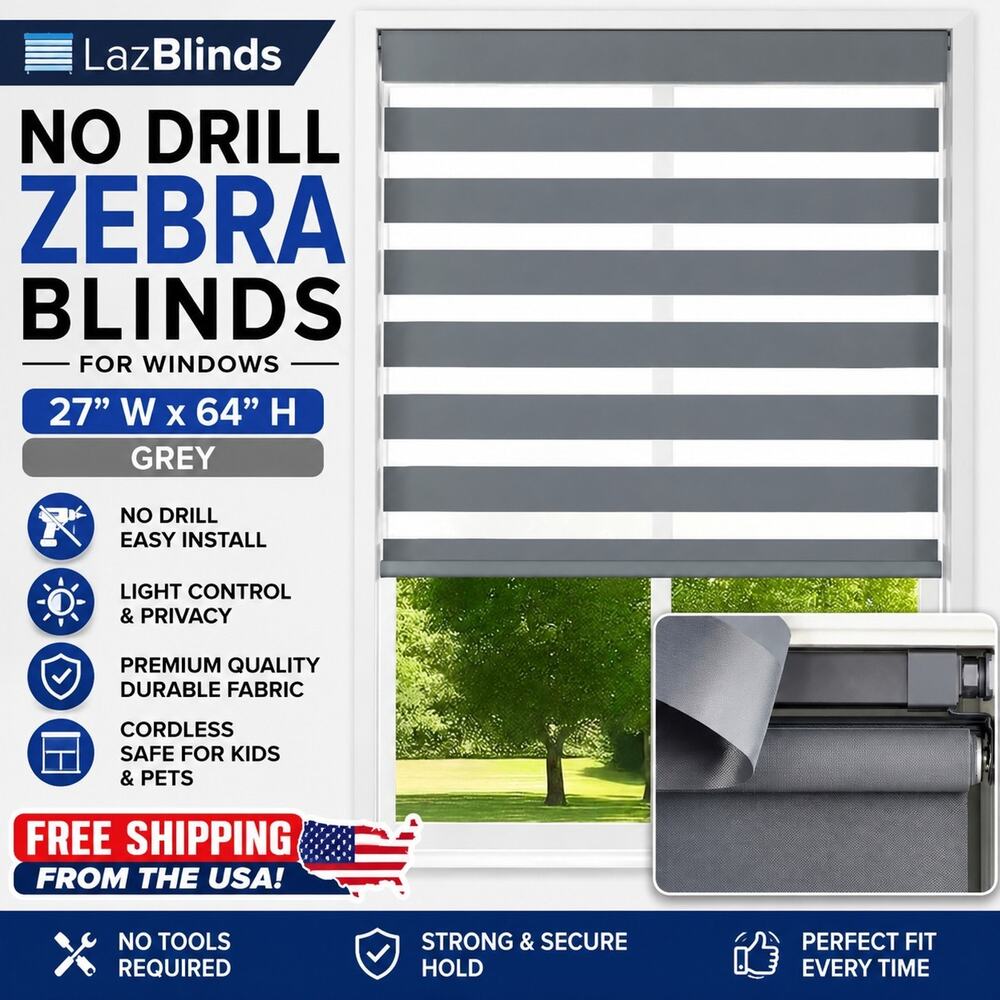 27" x 48" No-Drill Cordless Zebra Blinds Light Filtering, Gray by LazBlinds
